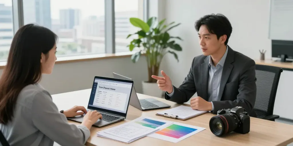 Conseils sur le compte à terme meilleur taux avec un conseiller financier dans un bureau moderne.