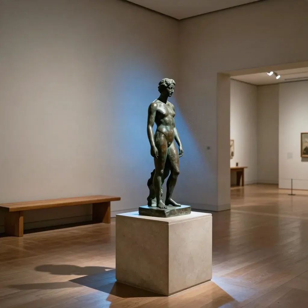 Galerie de musée à l’heure bleue, sculpture bronze sur socle, banc vide, faisceau de poussière