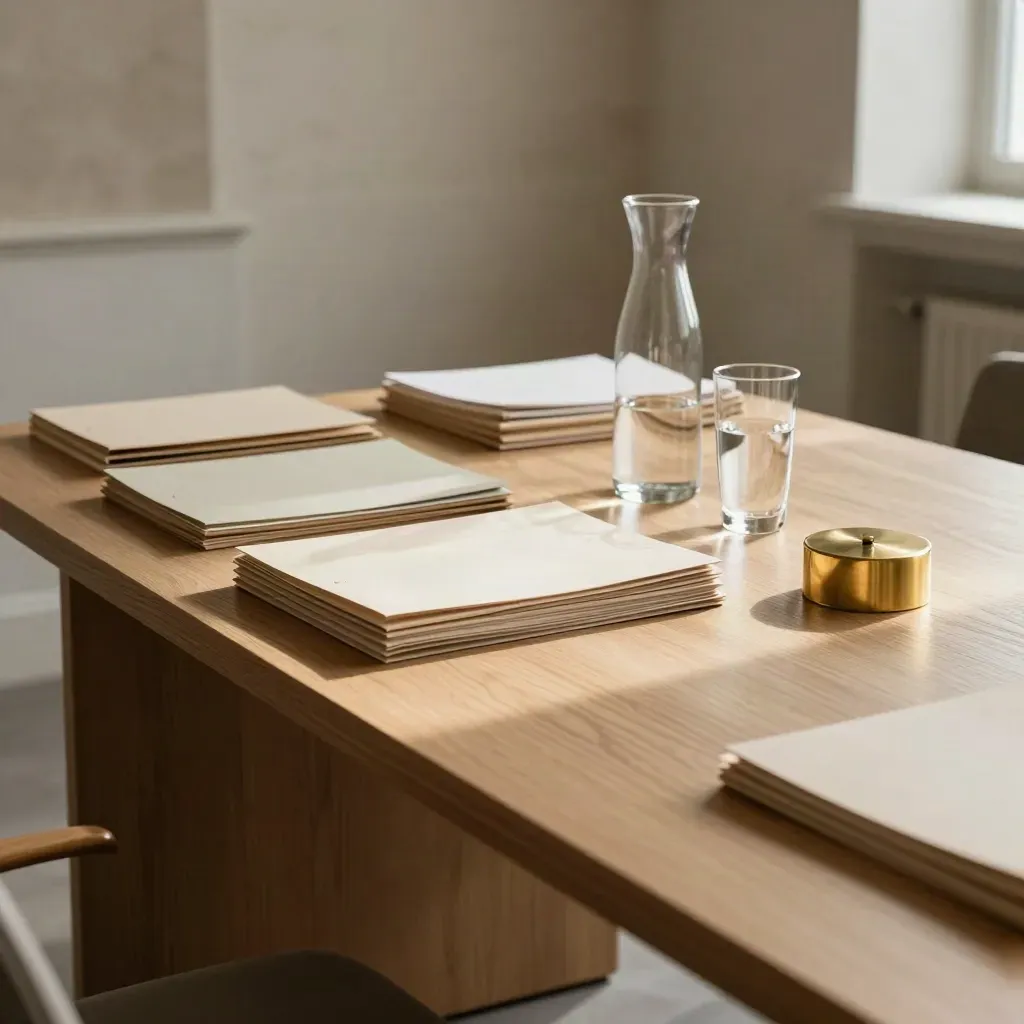 Table de briefing budgétaire à Bruxelles avec dossiers, verres d’eau et carafe.