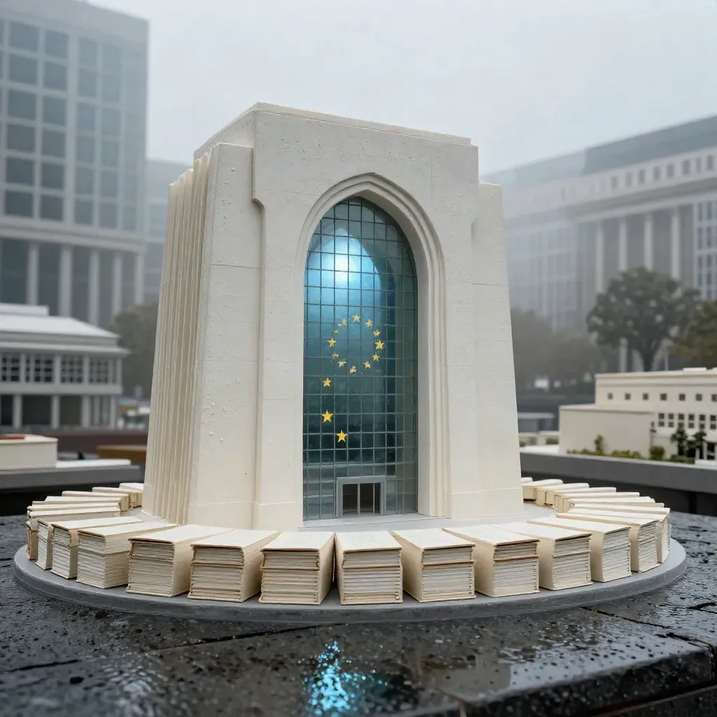 Maquette du quartier européen de Bruxelles, arche de verre fumé et dossiers sur pierre mouillée.