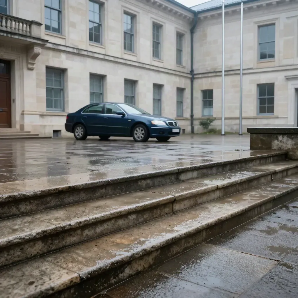 Cour d’un tribunal régional en pierre mouillée, voiture de service bleue, mâts nus au matin gris.