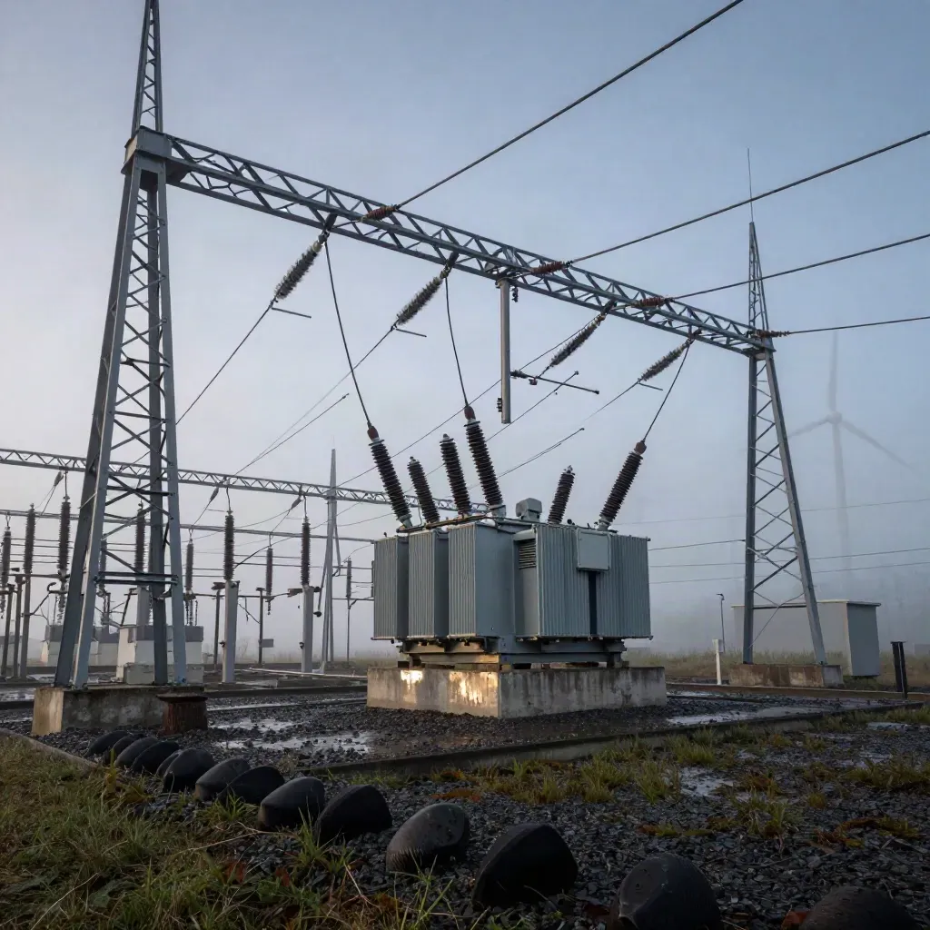 Poste électrique à l’aube, pylônes, câbles et éoliennes dans le brouillard.