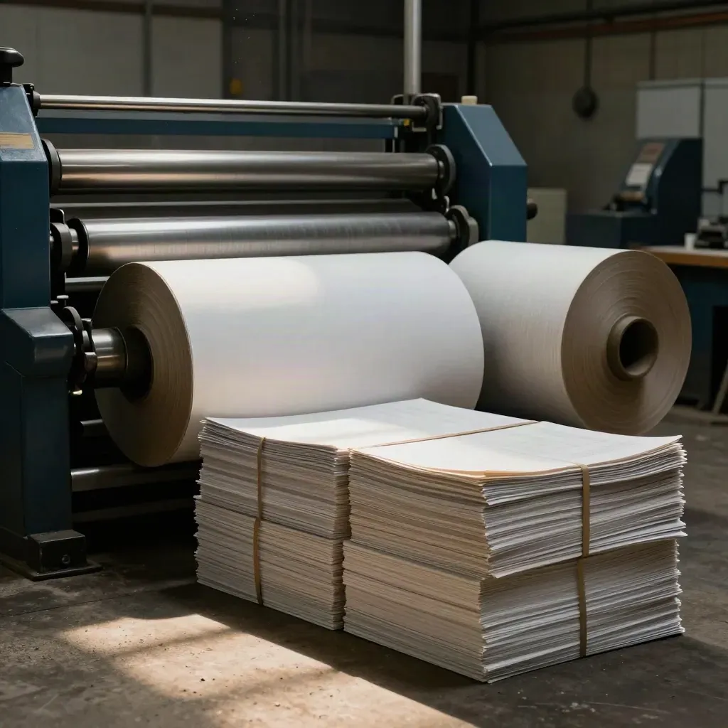 Imprimerie européenne avec rouleaux de papier, liasses et machines dans la pénombre
